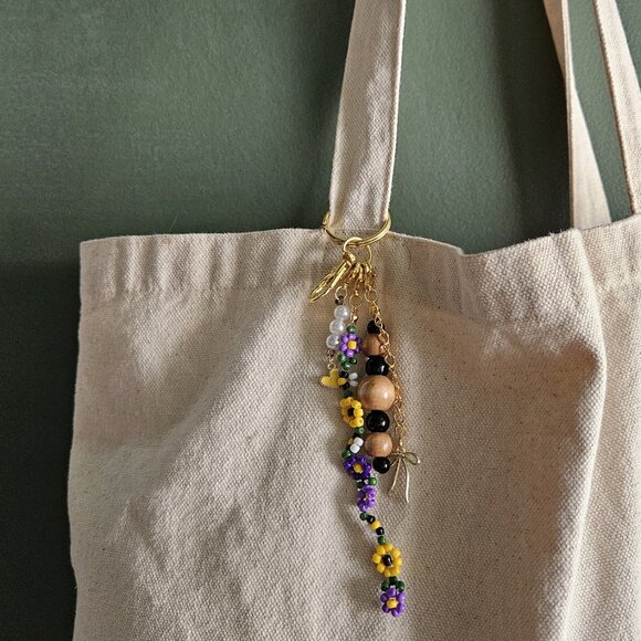 Floral Beaded Charm Keychain | Handmade Keyring with Wood Beads, Pearls, Bees - Picture 7 of 7
